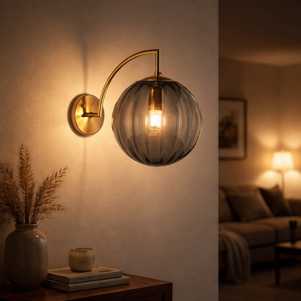 Applique Murale LED Dorée avec Boule en Verre Fumé