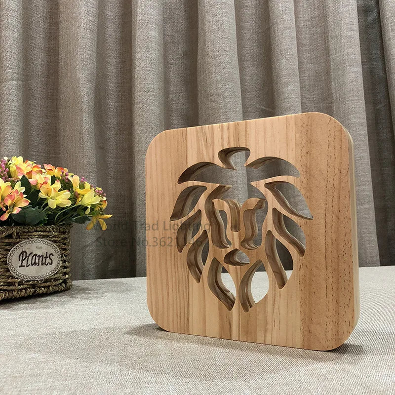 3D Wooden led Lion Lamp Animal USB LED Table Light Lion luz Switch Control bebe noche Wood Carving for Children bedroom Decor