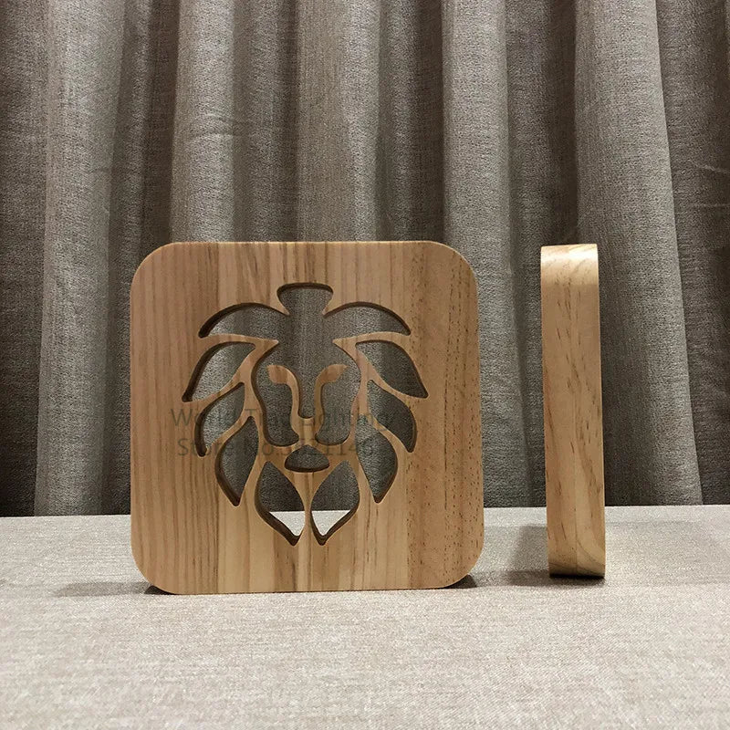 3D Wooden led Lion Lamp Animal USB LED Table Light Lion luz Switch Control bebe noche Wood Carving for Children bedroom Decor