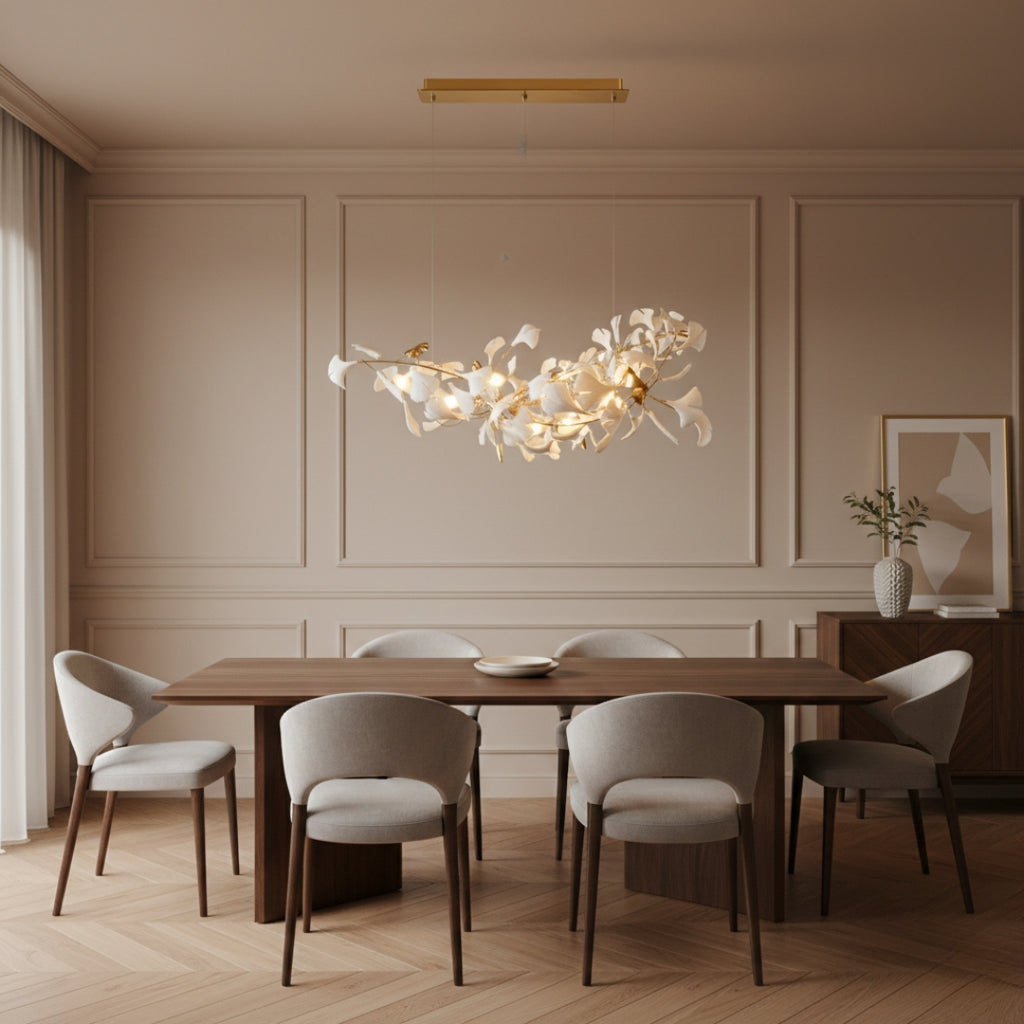 Lustre design Feuilles en céramique et Branches dorées