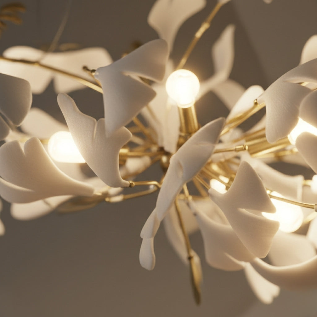 Lustre design Feuilles en céramique et Branches dorées