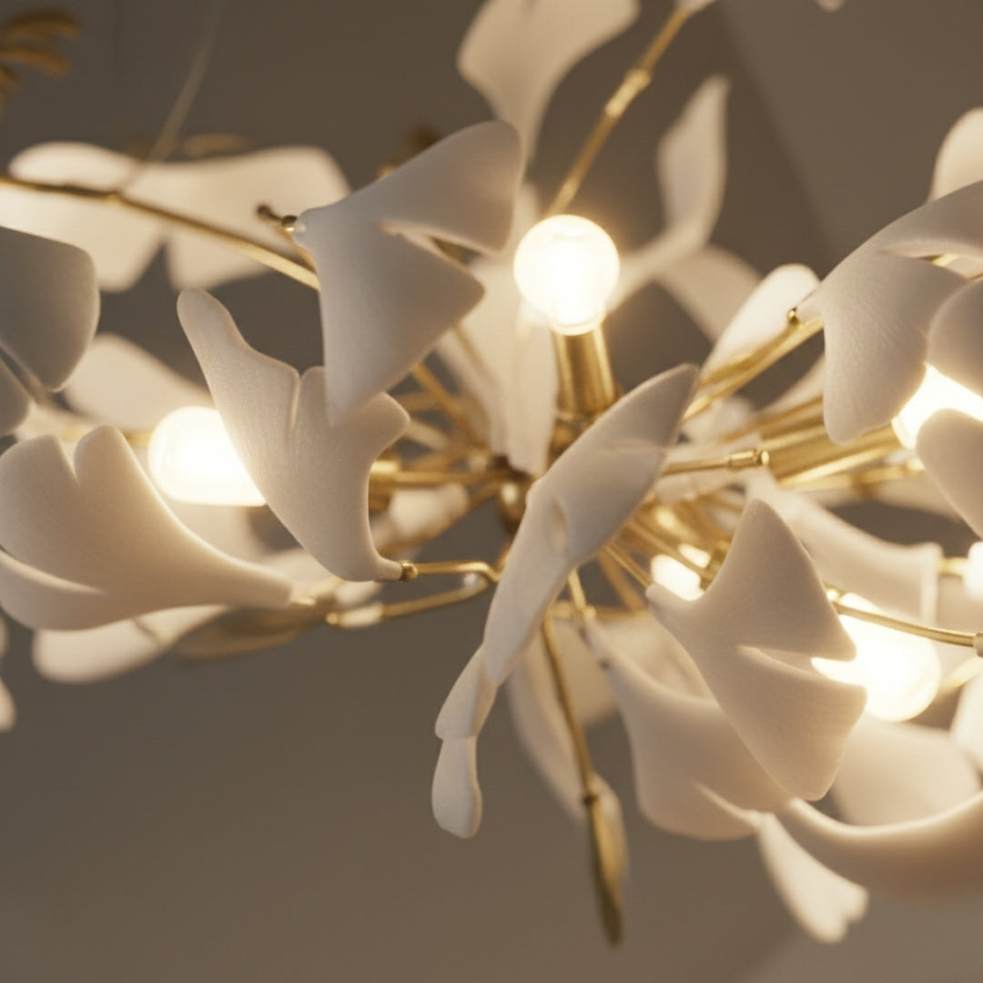 Lustre design Feuilles en céramique et Branches dorées