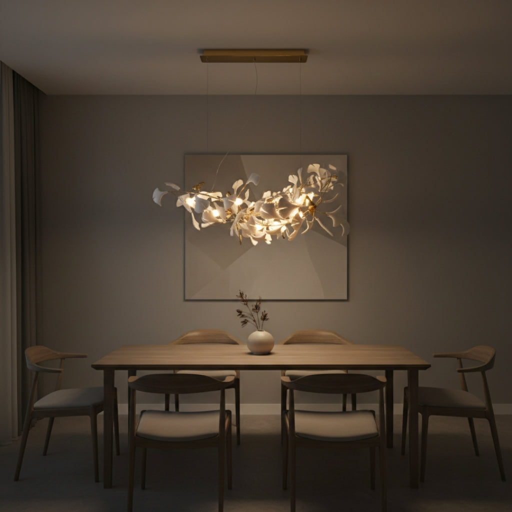 Lustre design Feuilles en céramique et Branches dorées