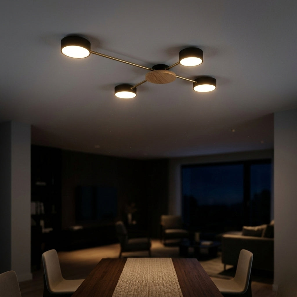 Plafonnier LED Bois Métal à Cercles Lumineux