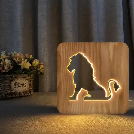 3D Wooden led Lion Lamp Animal USB LED Table Light Lion luz Switch Control bebe noche Wood Carving for Children bedroom Decor