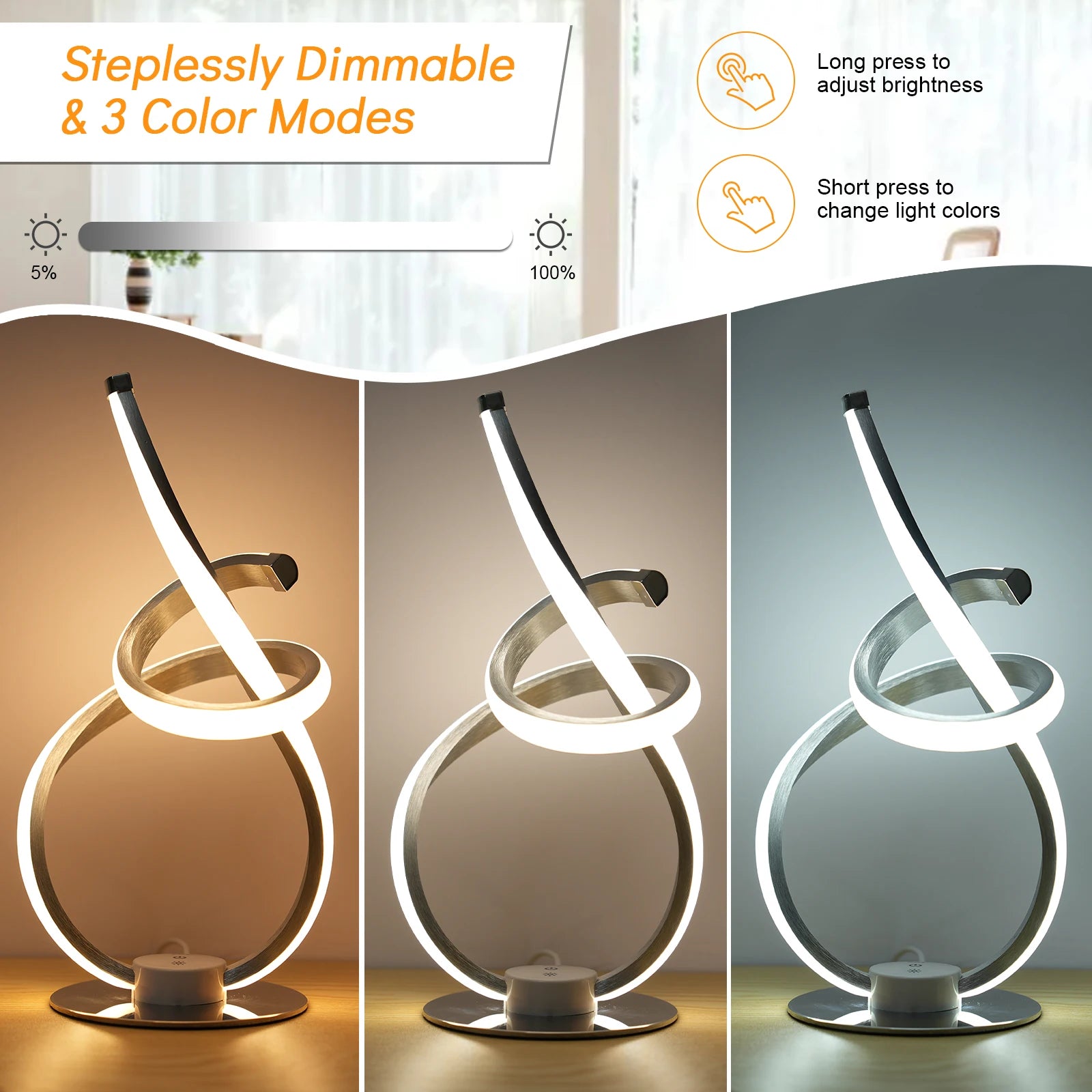 Neoglint Modern Spiral Table Lamp 3 Light Colors Night Light Ambient LED Nightstand Lamp Dimmable Bedroom Lamp Unique Lamps