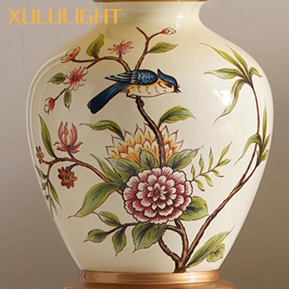 European Style Ceramic Desk Lamp Flower And Bird Painted Decorative Table Lamp Bedroom Room Bedside Table Lamp Lighting Fixture