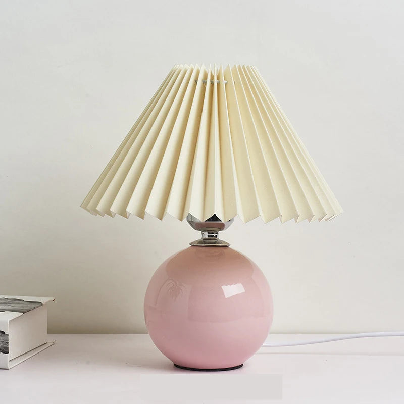 Vintage Pleated Table Lamp with LED E27 Tricolored Bulb Ceramic Base  AU US EU UK Plug Cute Decorative Night Light for Bedroom