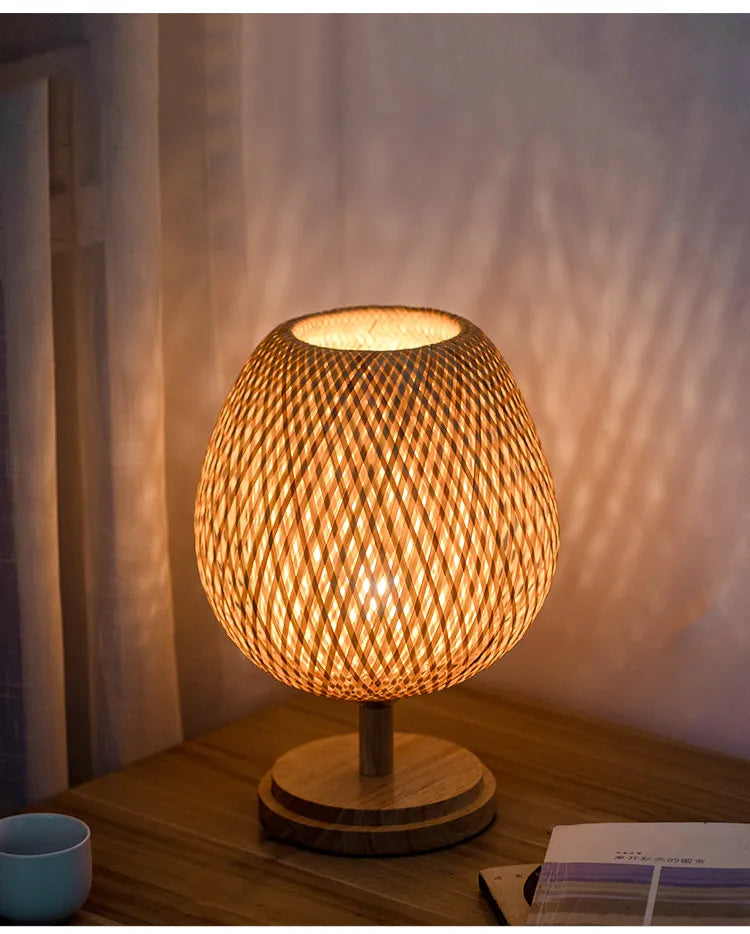 Small Rattan Table Lamp, Stepless Dimmable Beside Lamp, Vintage Wicker Wooden Nightstand Lamp, for Bedroom Living Room Desk