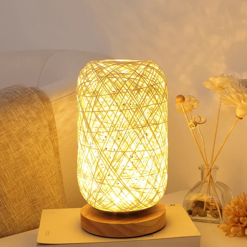 Wooden base Rattan Twine Ball Lights Table Lamp Home Decor Living Room Bedroom Bedside Desk Lamp Night light USB and EU plug