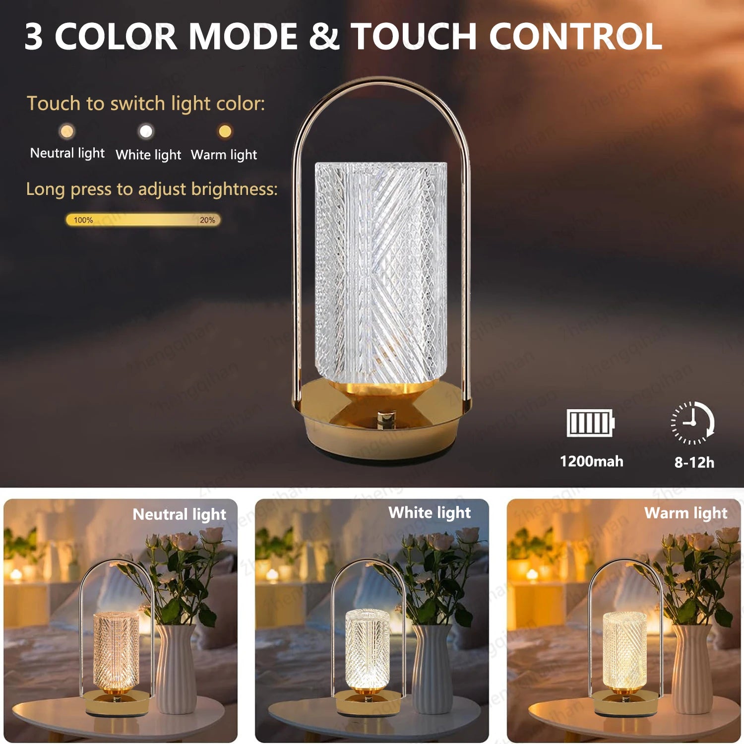 Wireless Table Lamp Rechargeable  Portable Bedroom Bedside Touch Crystal Desk Lamp Night Light LED Decor Lights for Bar Coffee