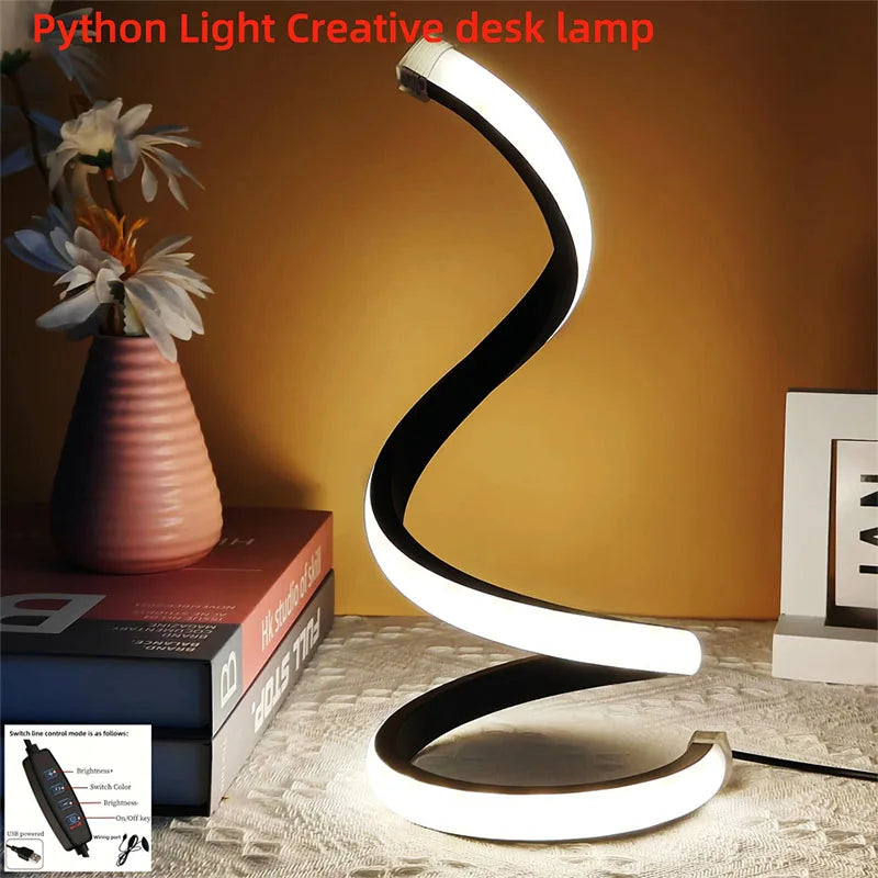 2025 New Modern spiral serpentine desktop LED desk lamp three-speed dimming USB button switch bedroom decorative desk lamp