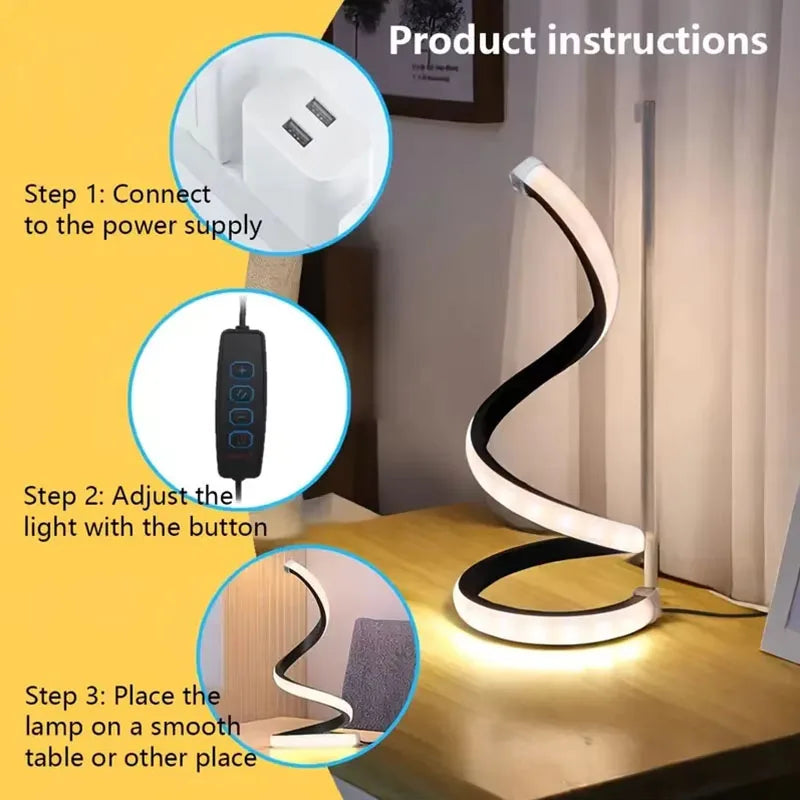 2025 New Modern spiral serpentine desktop LED desk lamp three-speed dimming USB button switch bedroom decorative desk lamp