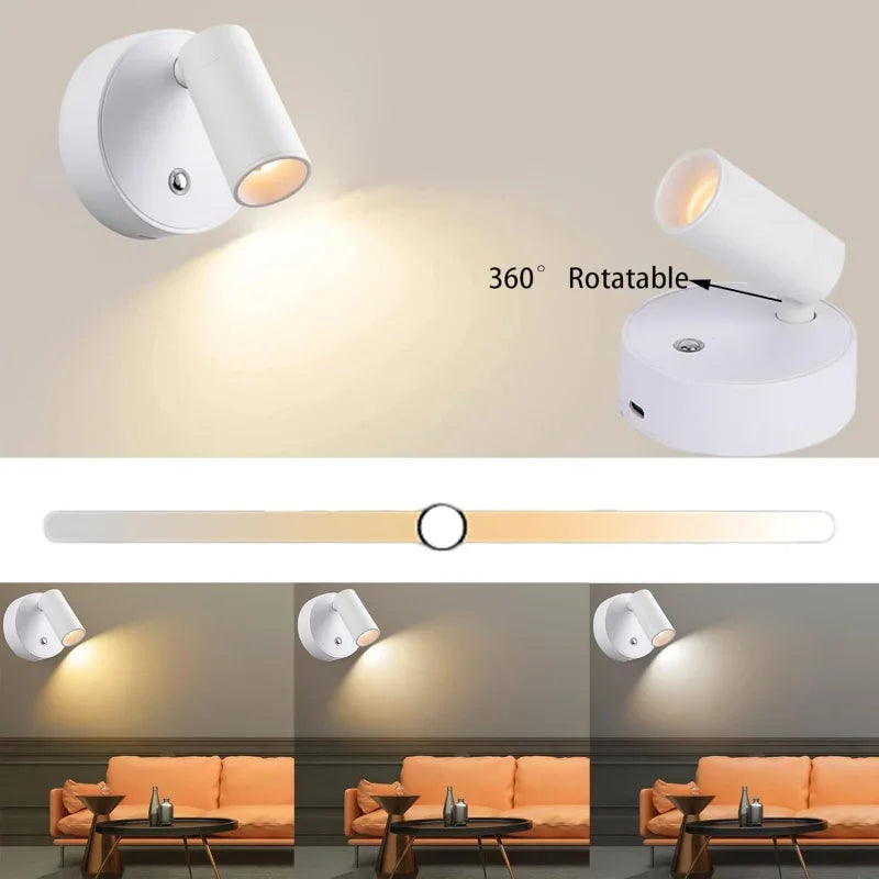 Magnetic Base USB Rechargeable LED Cordless Wall Light with Touch Switch Black White Magnet Dimmable Bedside Lamp for Reading