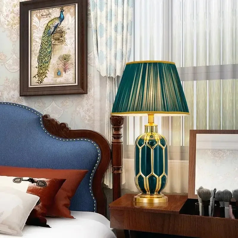 Hongcui Modern Ceramics Table Lamp LED Simple Creative Green Nordic Bedside Desk Light for Home Living Room Bedroom Decor