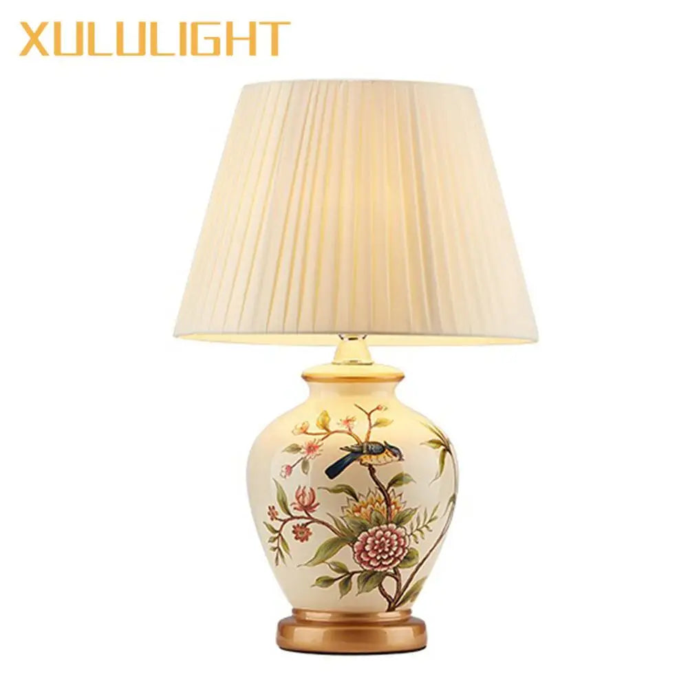 European Style Ceramic Desk Lamp Flower And Bird Painted Decorative Table Lamp Bedroom Room Bedside Table Lamp Lighting Fixture
