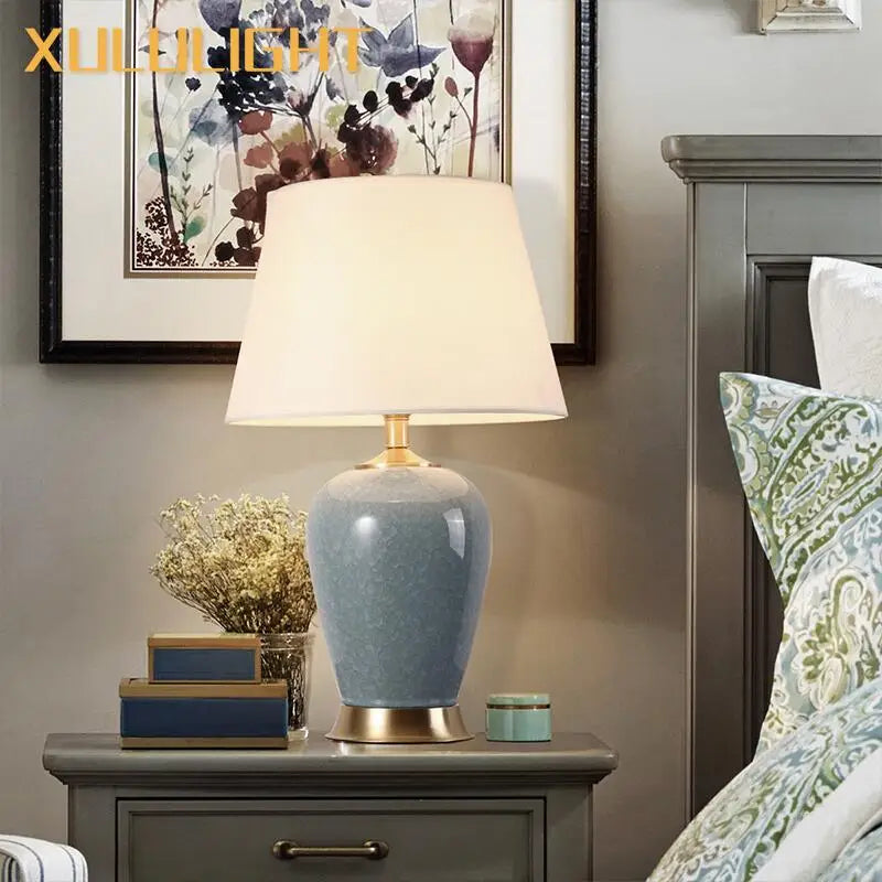 Classical Ice Crack Ceramic Bedroom Study Fabric Lampshade Bedside Counter Lamp Desk Lighting Home Decoration Table Lamp