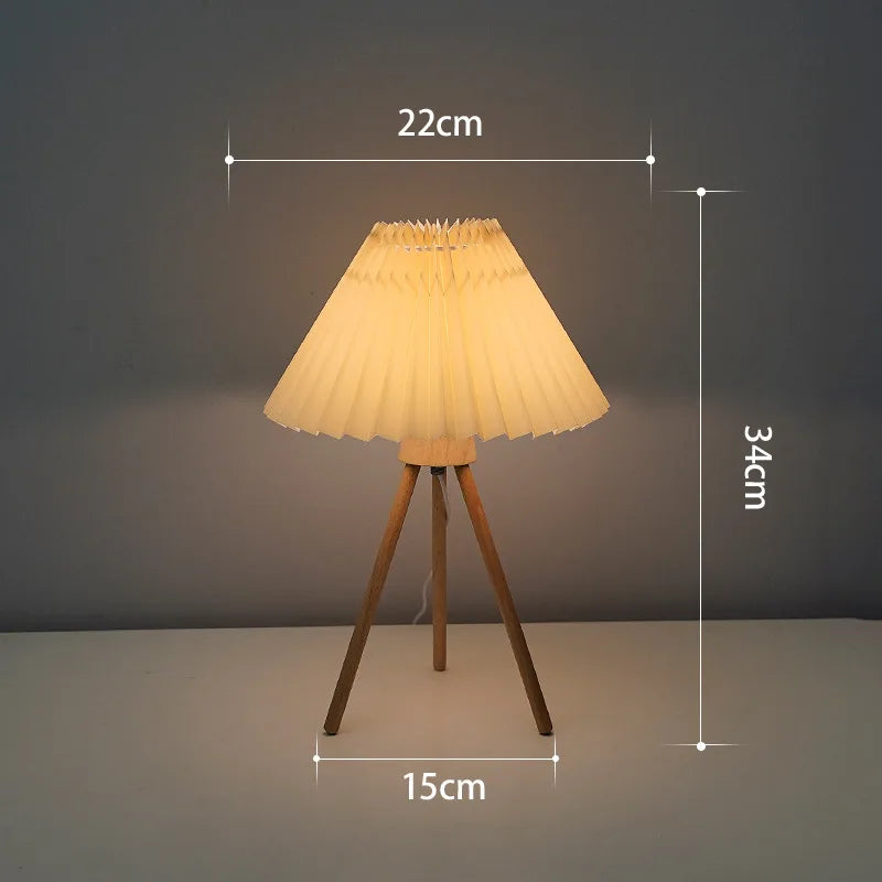 INS Table Lamp Pleated Wood Tripod Base Fabric Bedside Lamp Simple Nightstand Desk Light For Bedroom Living Room Study Reading