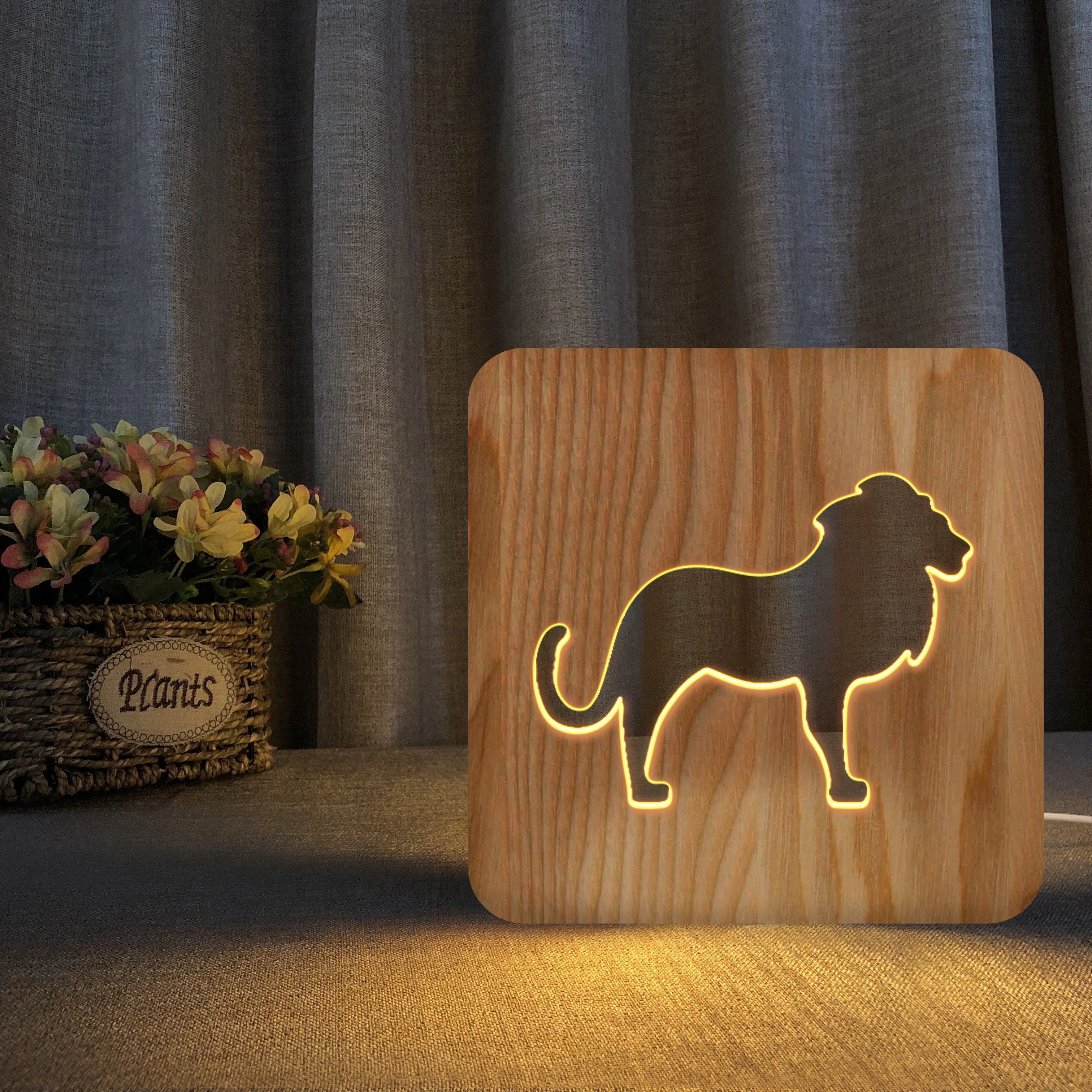 3D Wooden led Lion Lamp Animal USB LED Table Light Lion luz Switch Control bebe noche Wood Carving for Children bedroom Decor