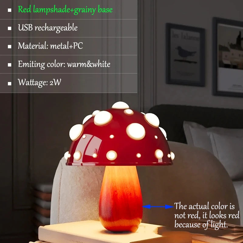 Fly Amanita Mushroom Lamp with Dual Color LED G9 Bulb USB Rechargeable Fly Agaric Desk Light for Livingroom Bedside Study Hotel