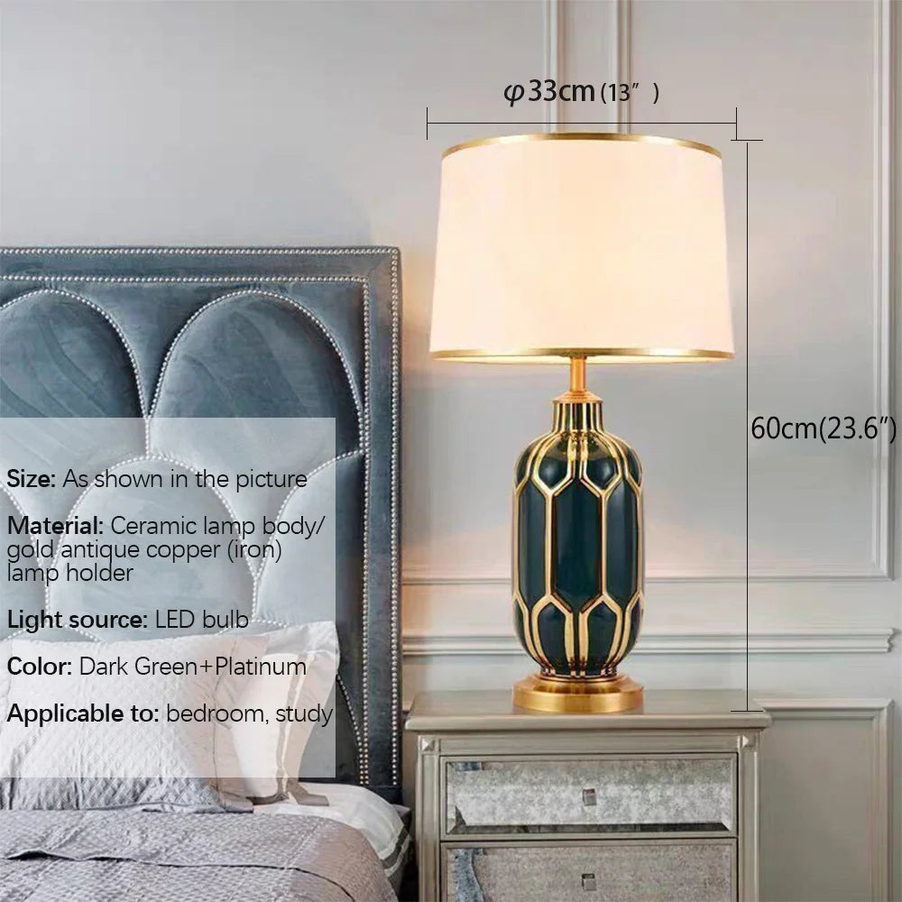 Hongcui Modern Ceramics Table Lamp LED Simple Creative Green Nordic Bedside Desk Light for Home Living Room Bedroom Decor