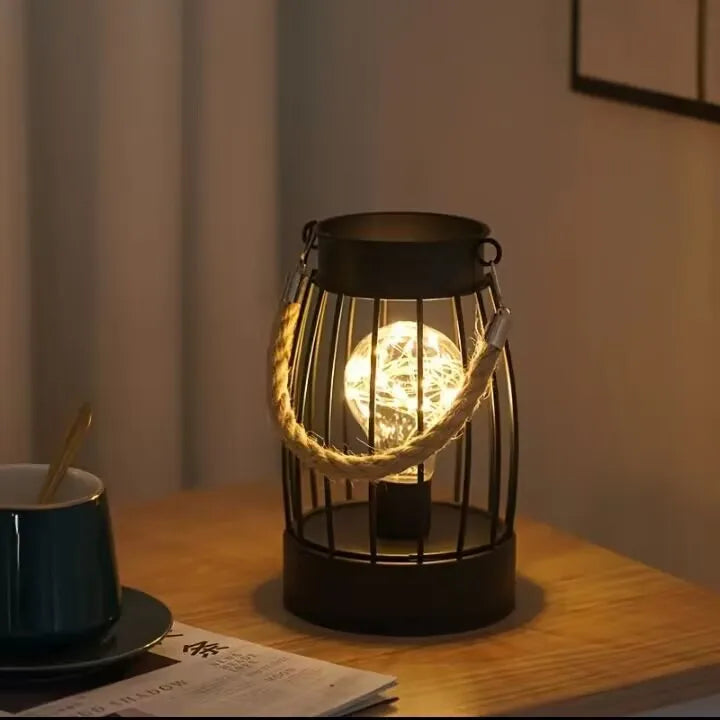 1PC Indoor Iron Wire Cage Design Night Light,Battery-Powered LED Lamp, Decorative Table Lighting for Bedroom, Living Room