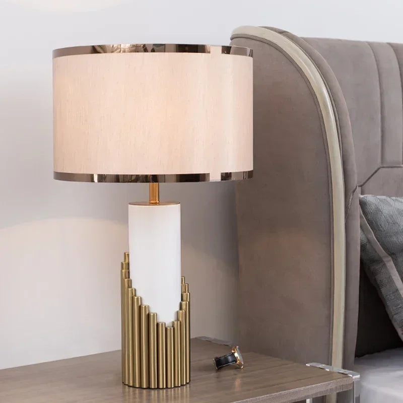 Nordic Designer's Luxury LED Desk Lamp Marble Creative Hotel Bedroom Headboard Study Fabric Lampshade Art Atmosphere Table Light