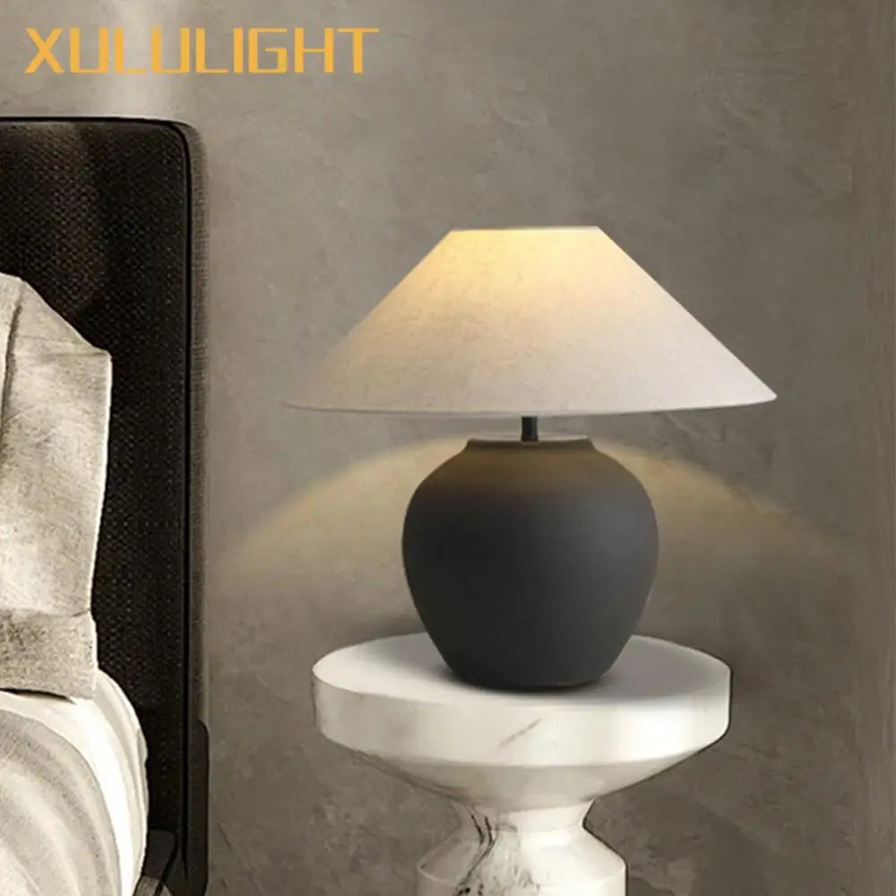 Wabi Sabi Style Ceramic Table Lamp Living Room Coffee Table Black Oversized Decorative Desk Lamp Japanese Retro Lighting Fixture