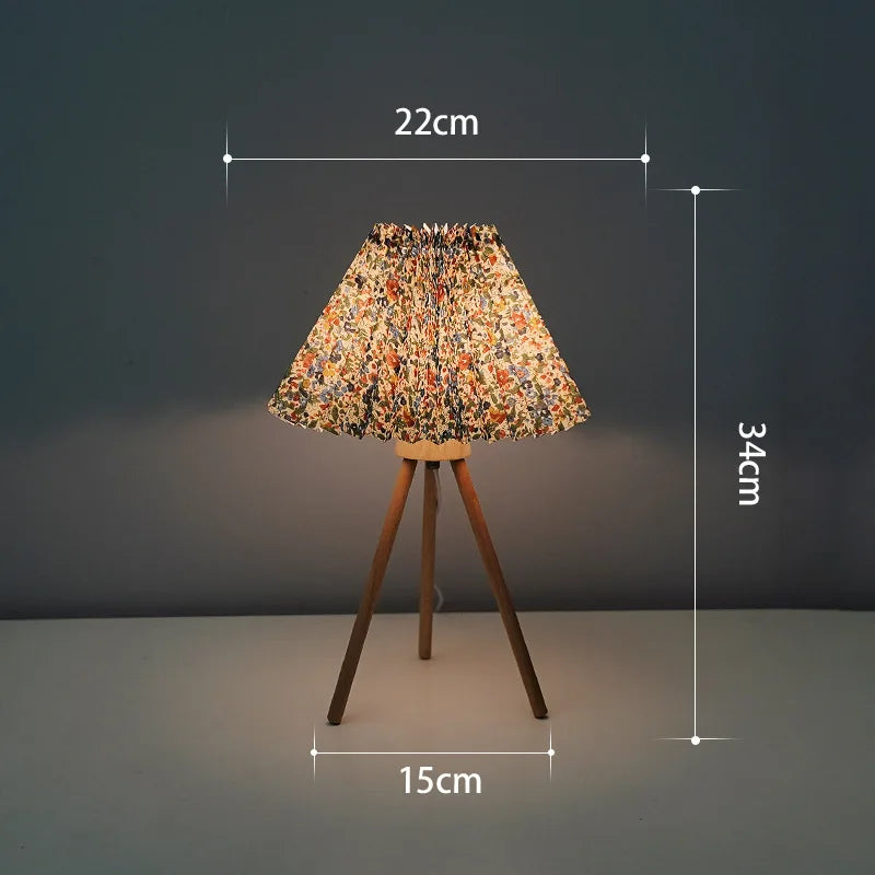 INS Table Lamp Pleated Wood Tripod Base Fabric Bedside Lamp Simple Nightstand Desk Light For Bedroom Living Room Study Reading