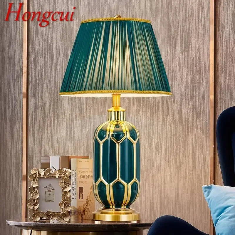 Hongcui Modern Ceramics Table Lamp LED Simple Creative Green Nordic Bedside Desk Light for Home Living Room Bedroom Decor