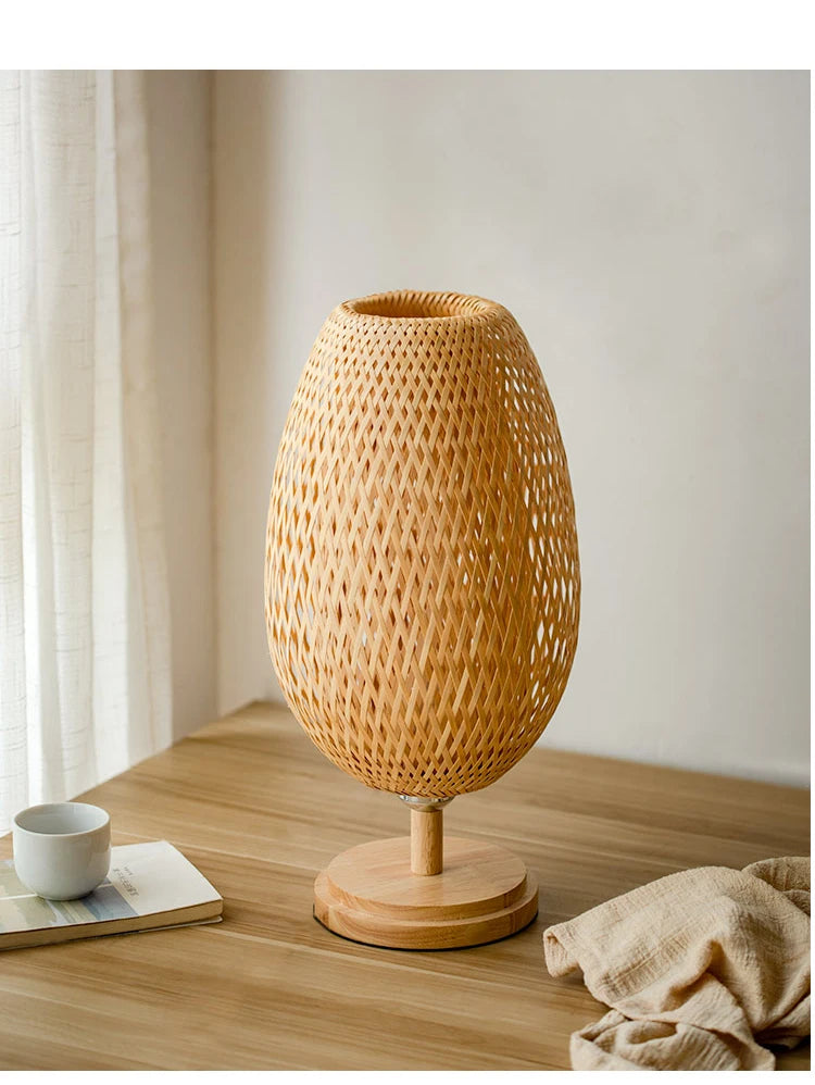 Small Rattan Table Lamp, Stepless Dimmable Beside Lamp, Vintage Wicker Wooden Nightstand Lamp, for Bedroom Living Room Desk