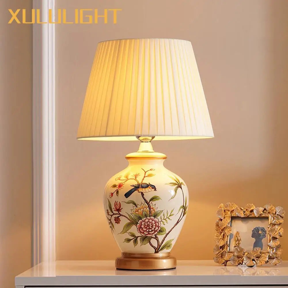 European Style Ceramic Desk Lamp Flower And Bird Painted Decorative Table Lamp Bedroom Room Bedside Table Lamp Lighting Fixture