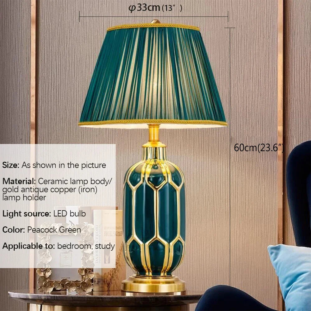 Hongcui Modern Ceramics Table Lamp LED Simple Creative Green Nordic Bedside Desk Light for Home Living Room Bedroom Decor