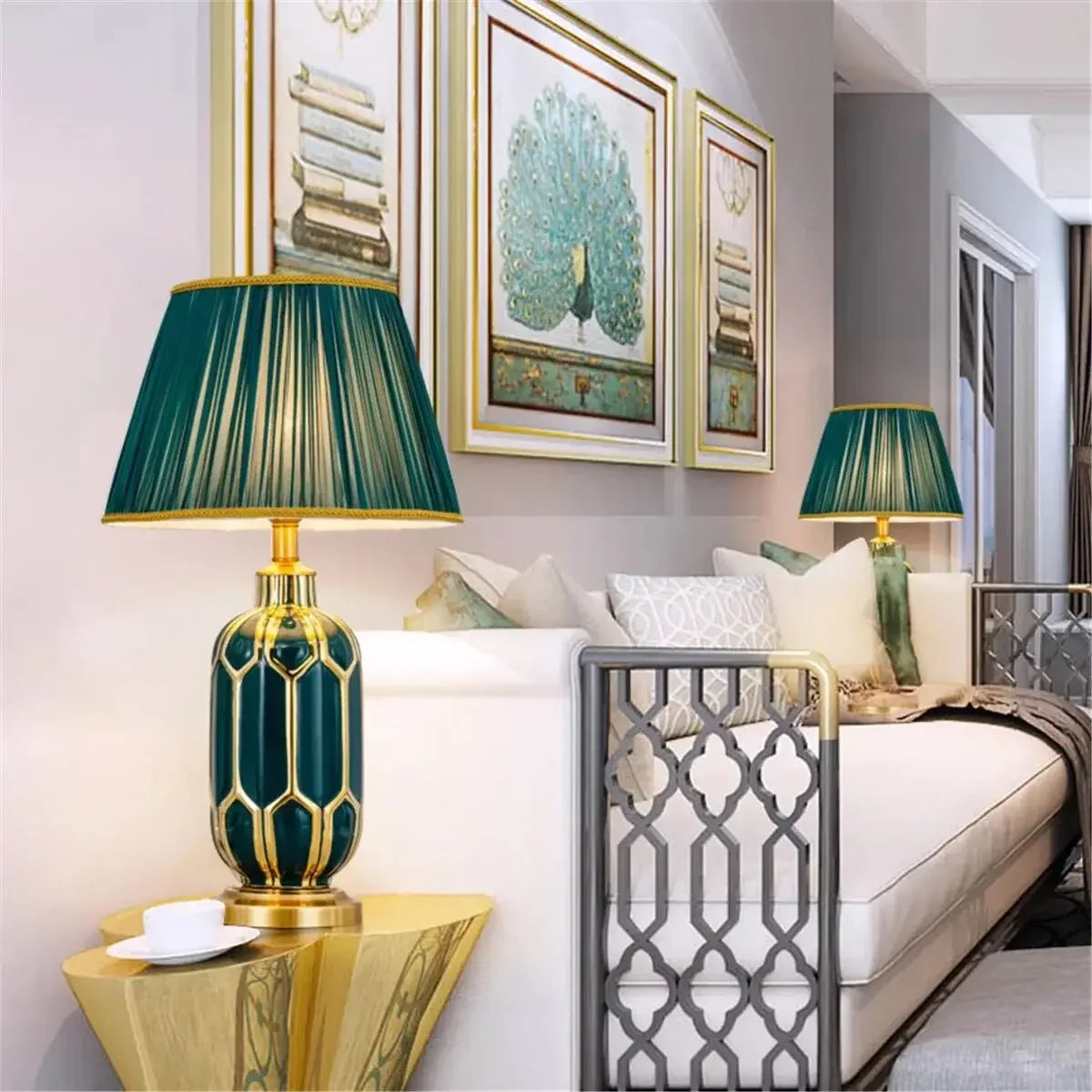 Hongcui Modern Ceramics Table Lamp LED Simple Creative Green Nordic Bedside Desk Light for Home Living Room Bedroom Decor