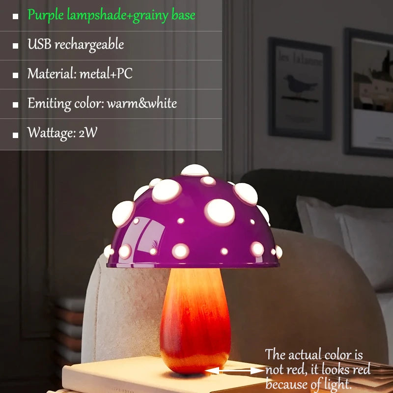 Fly Amanita Mushroom Lamp with Dual Color LED G9 Bulb USB Rechargeable Fly Agaric Desk Light for Livingroom Bedside Study Hotel