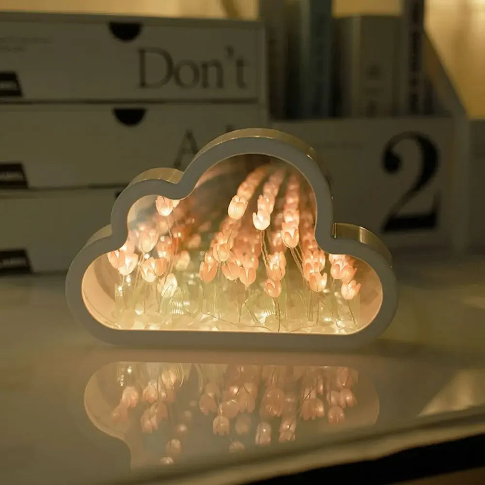 1pc Handmade DIY Clouds Tulip Lamps LED Night Light Mirror Table Lamps Bedroom Ornaments Decoration Flower Sea Atmosphere Lamp