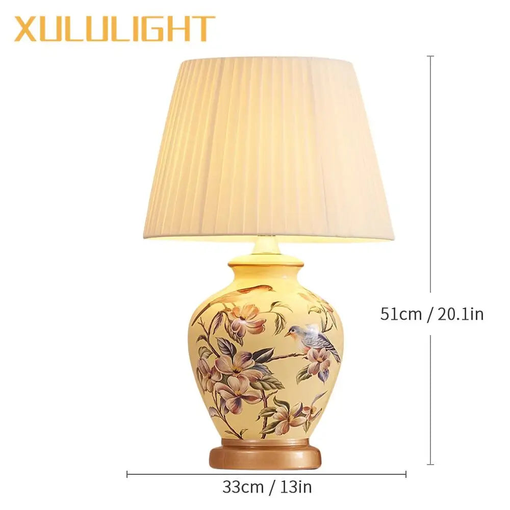 European Style Ceramic Desk Lamp Flower And Bird Painted Decorative Table Lamp Bedroom Room Bedside Table Lamp Lighting Fixture