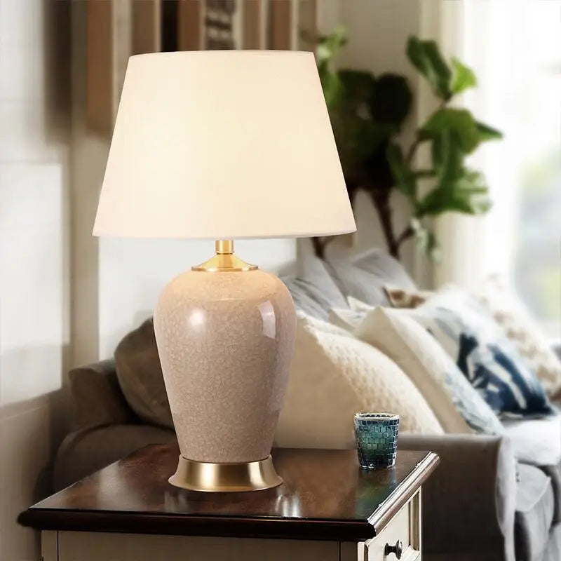 Classical Ice Crack Ceramic Bedroom Study Fabric Lampshade Bedside Counter Lamp Desk Lighting Home Decoration Table Lamp