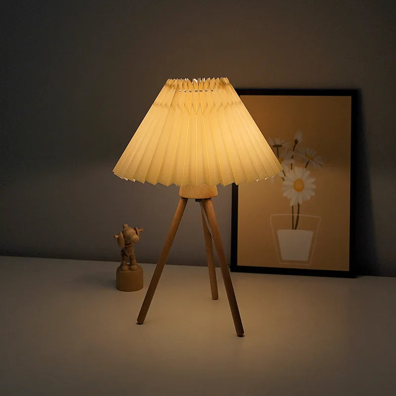 INS Table Lamp Pleated Wood Tripod Base Fabric Bedside Lamp Simple Nightstand Desk Light For Bedroom Living Room Study Reading
