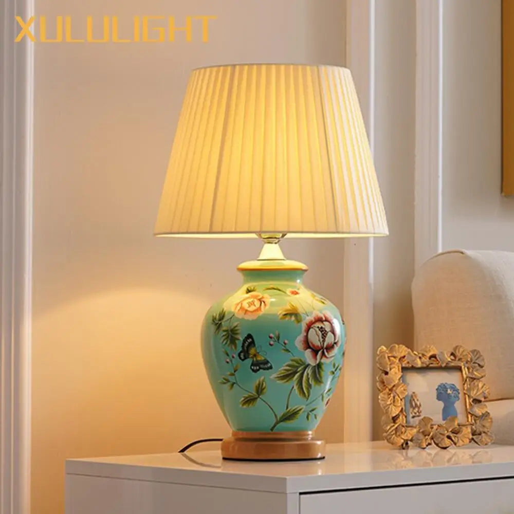 European Style Ceramic Desk Lamp Flower And Bird Painted Decorative Table Lamp Bedroom Room Bedside Table Lamp Lighting Fixture