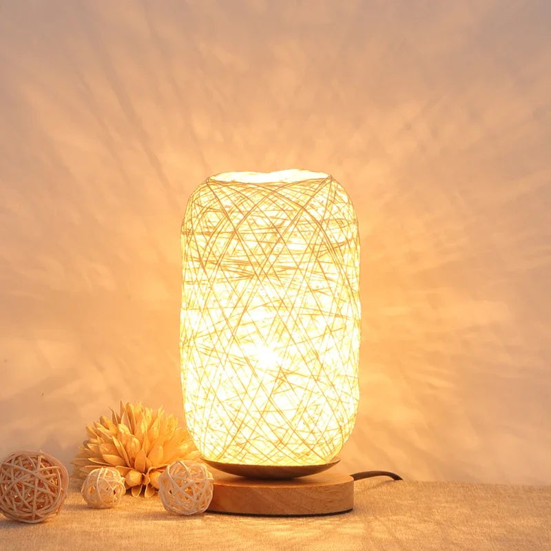 Wooden base Rattan Twine Ball Lights Table Lamp Home Decor Living Room Bedroom Bedside Desk Lamp Night light USB and EU plug