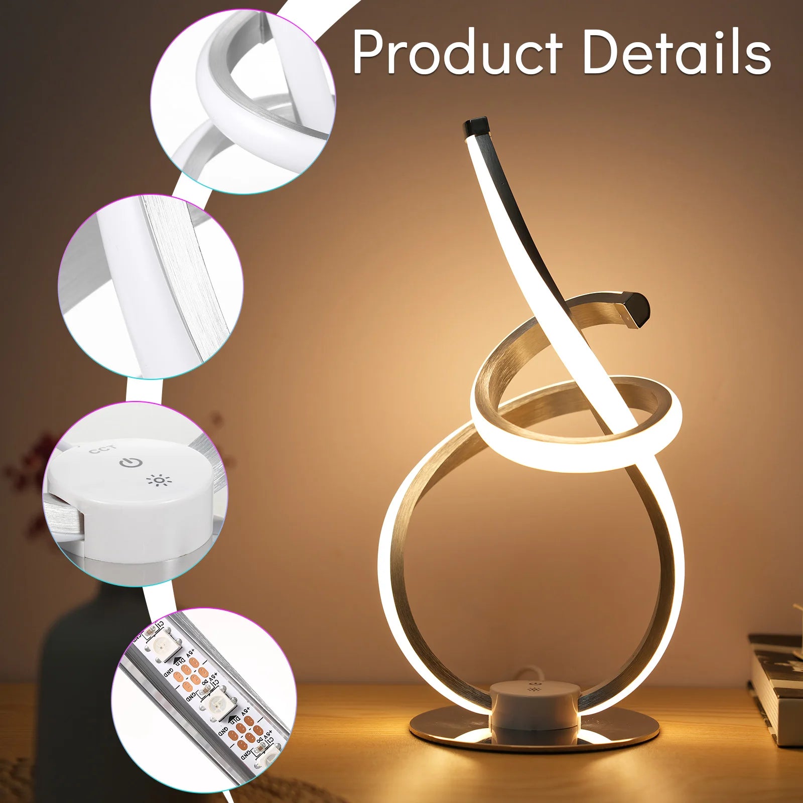 Neoglint Modern Spiral Table Lamp 3 Light Colors Night Light Ambient LED Nightstand Lamp Dimmable Bedroom Lamp Unique Lamps