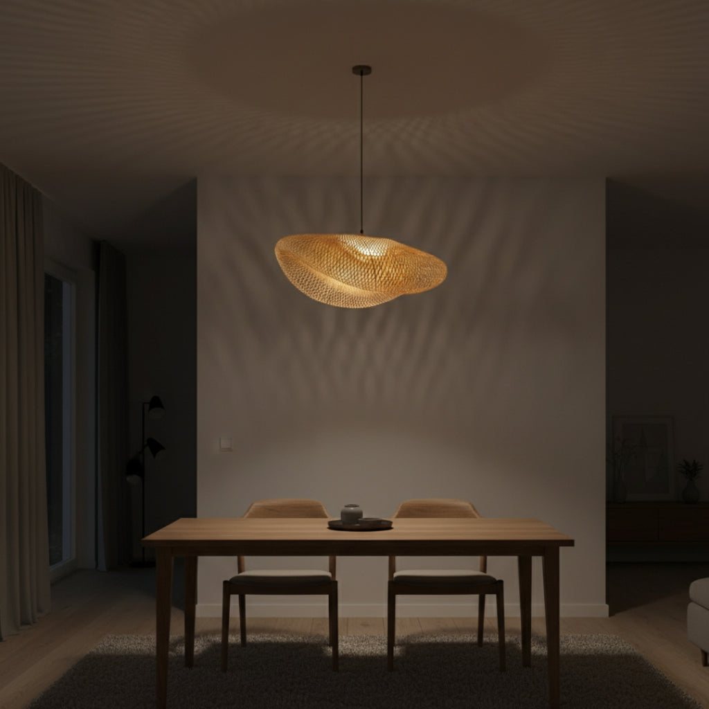 Suspension LED ronde en rotin tressé vintage
