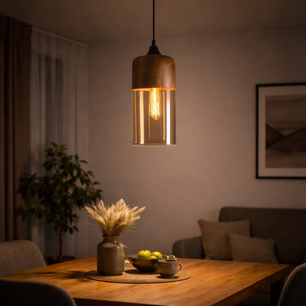 Suspension Bois et Verre Style Loft Rétro Design Moderne