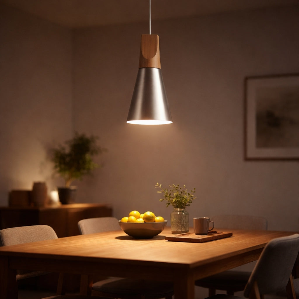 Suspension LED bois et aluminium en forme de cône