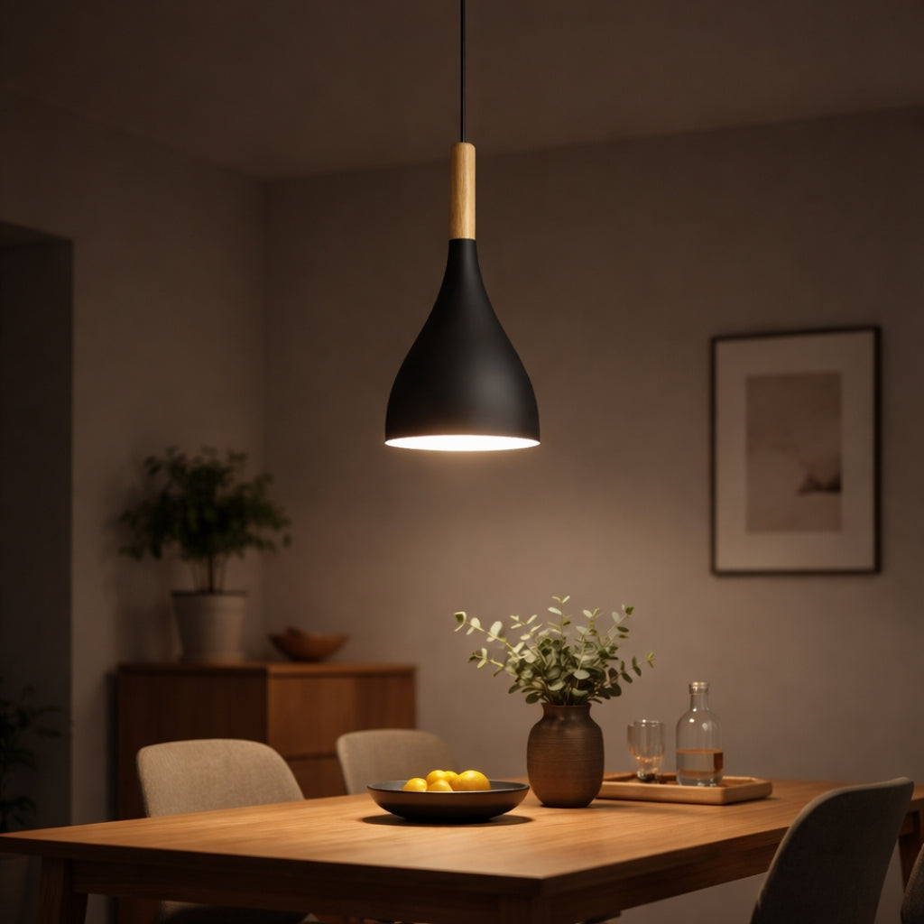 Suspension LED en métal coloré et baton en bois Nordic